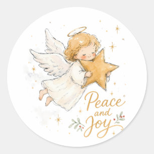 Watercolor Kerstengel met Ster Ronde Sticker