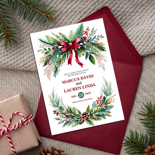 Watercolor Kerstgroen Huwelijksuitnodiging Kaart