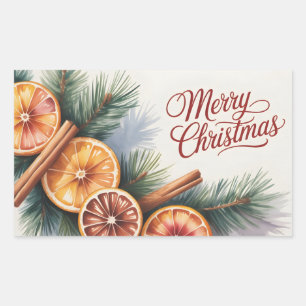 Watercolor kerstkaart met sinaasappels rechthoekige sticker