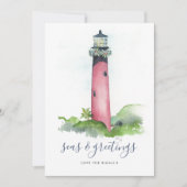 Watercolor kerstkaart met vuurtoren en strand (Voorkant)
