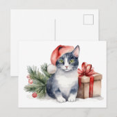 Watercolor Kerstkat met Cadeau Feestdagenkaart (Voorkant / Achterkant)
