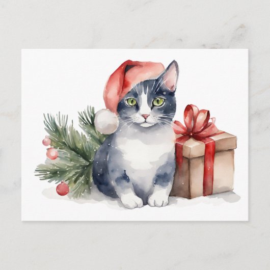 Watercolor Kerstkat met Cadeau Feestdagenkaart (Voorkant)