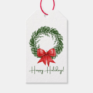 Watercolor Kerstkrans met lint cadeaukaartje Cadeaulabel