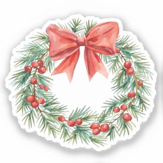 Watercolor Kerstkrans met Rode Strik en Bessen Sticker (Voorkant)