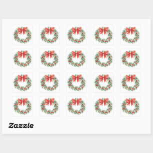 Watercolor Kerstkrans met Rode Strik en Bessen Vierkante Sticker