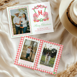 Watercolor Kerstlaarzen Monogram Wapen Foto Feestdagenkaart