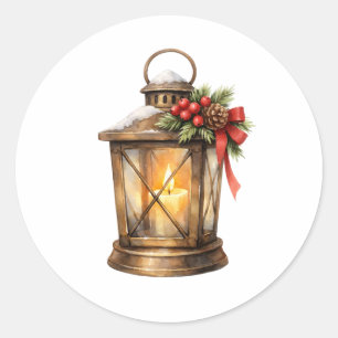 Watercolor Kerstlantaarn met brandende kaars Ronde Sticker