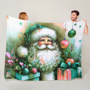 Watercolor Kerstman Roze Groen Geschenken Fleece Deken