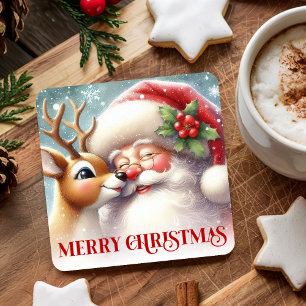 Watercolor Kerstman Rudolph Prettig Kerstmis Onder Kartonnen Onderzetters