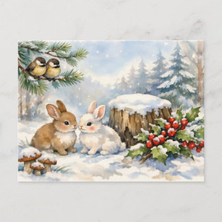 Watercolor Kerstmis Bos Vogels en Konijnen Briefkaart