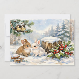 Watercolor Kerstmis Bos Vogels en Konijnen Feestdagenkaart