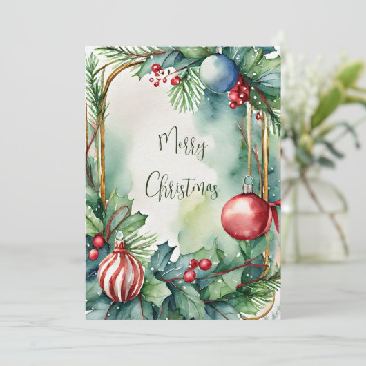 Watercolor kerstornamenten op maat feestdagenkaart (Staand voorkant)