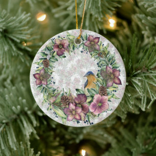 Watercolor kerstrozen bloemenkrans met vogel keramisch ornament