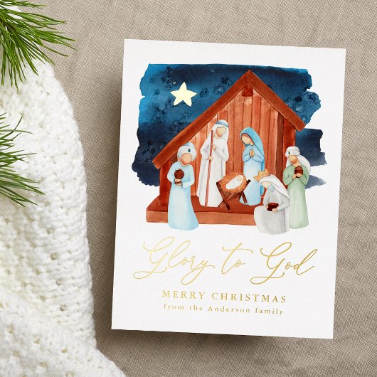 Watercolor Kerststal Eere zij God Folie Feestdagen Briefkaart