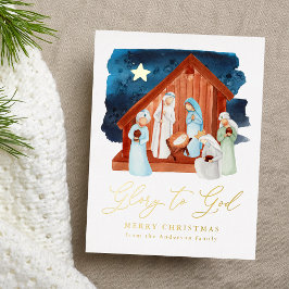 Watercolor Kerststal Glory to God Folie Feestdagen Briefkaart