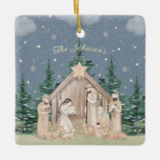 Watercolor Kerststal Keramisch Ornament (Voorkant)