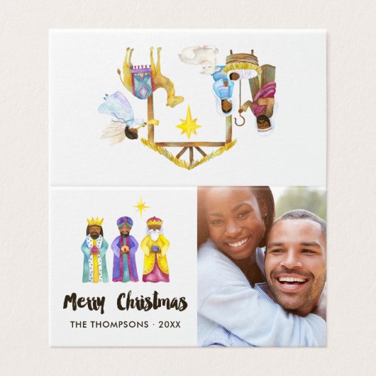 Watercolor Kerststal Kerst Foto Kaart (Buitenkant ongevouwen)