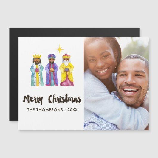 Watercolor Kerststal Kerst Foto Magnetische Uitnodiging (Voorkant / Achterkant)