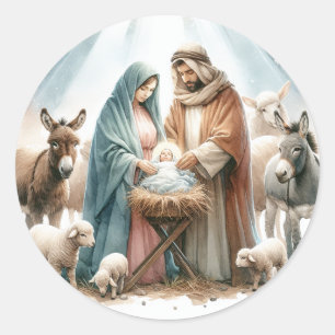 Watercolor Kerststal Kerstmis Ronde Sticker