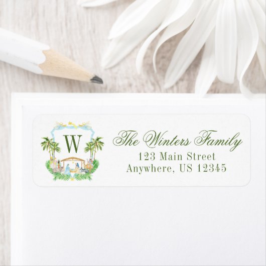 Watercolor Kerststal Monogram Wapen Kerstmis Etiket (Insitu)