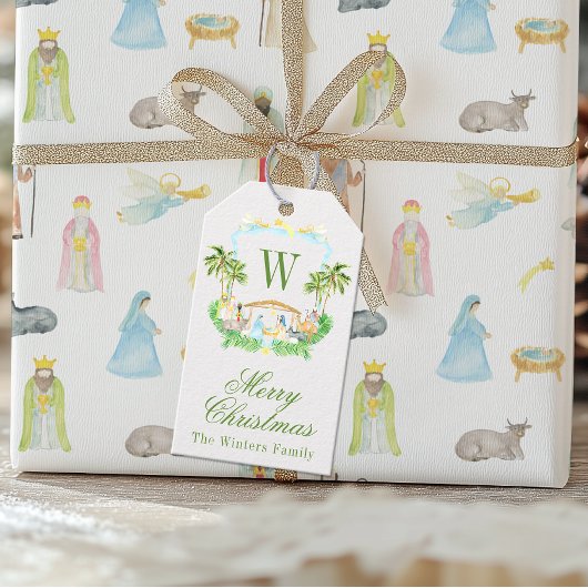 Watercolor Kerststal Monogram Wapenschild Kerstmis Cadeaulabel