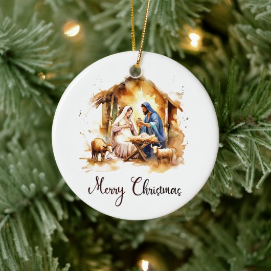 Watercolor Kerststal Prettig Kerstfeest Keramisch Ornament (Boom)