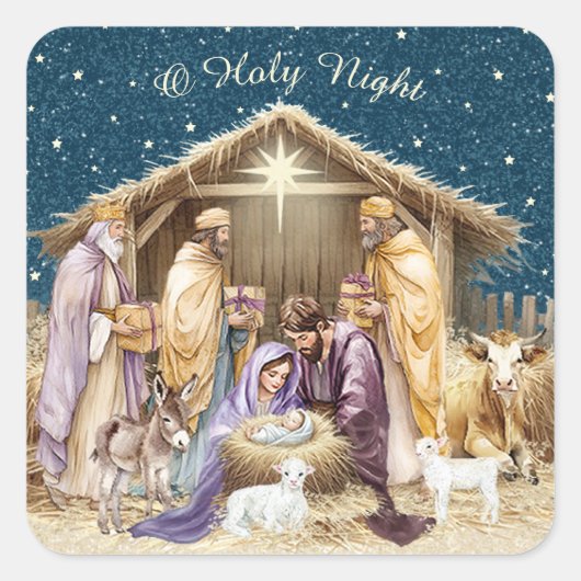 Watercolor Kerststal Vierkante Sticker (Voorkant)