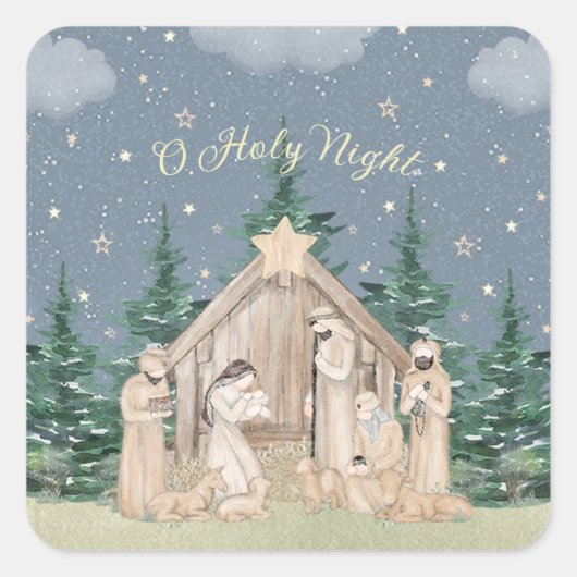 Watercolor Kerststal Vierkante Sticker (Voorkant)