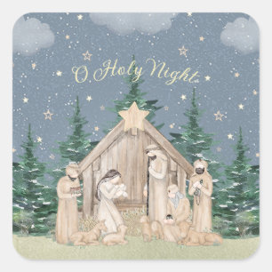Watercolor Kerststal Vierkante Sticker