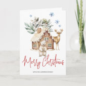 Watercolor Kerststolhuisje, Ijsbeer & Rendier Feestdagen Kaart (Voorkant)