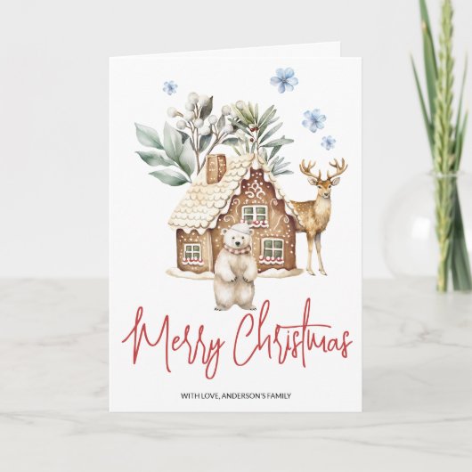 Watercolor Kerststolhuisje, Ijsbeer & Rendier Feestdagen Kaart (Voorkant)