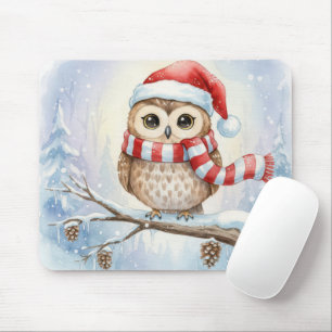 Watercolor Kerstuil in een Kerstmannenhoed Muismat
