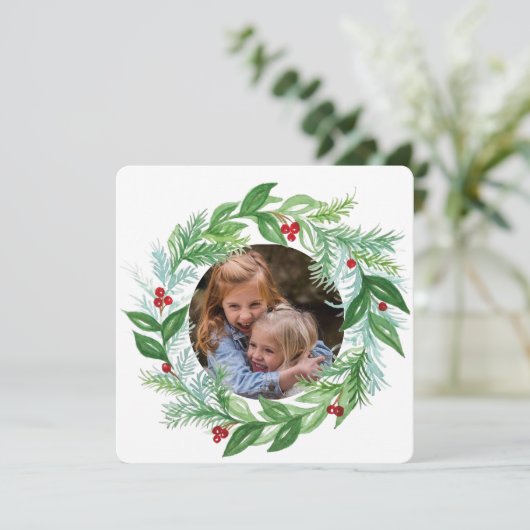 Watercolor Kerstvakantie PHOTO Krans kaart (Staand voorkant)