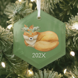 Watercolor Kerstvos Aandenken Jaar Glas Ornament