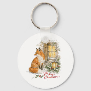 Watercolor Kerstvos met Lantaarn Sleutelhanger