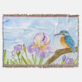 Watercolor Kingfisher with Purple Irises Deken