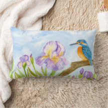 Watercolor Kingfisher with Purple Irises 