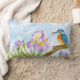 Watercolor Kingfisher with Purple Irises  Kussen