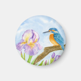 Watercolor Kingfisher with Purple Irises Magneet