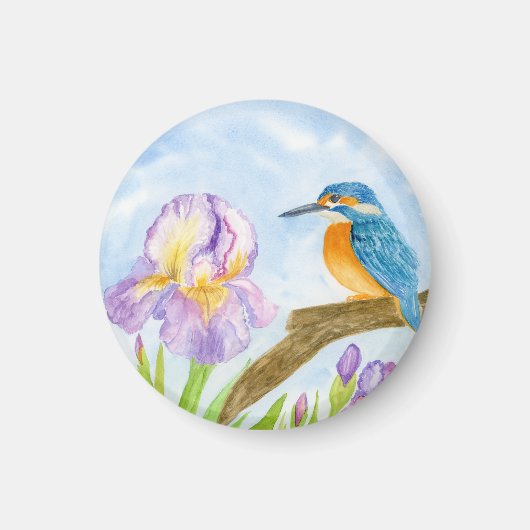 Watercolor Kingfisher with Purple Irises Magneet (Voorkant)