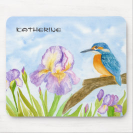 Watercolor Kingfisher with Purple Irises  Muismat