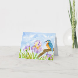 Watercolor Kingfisher with Purple Irises  Notitiekaartje