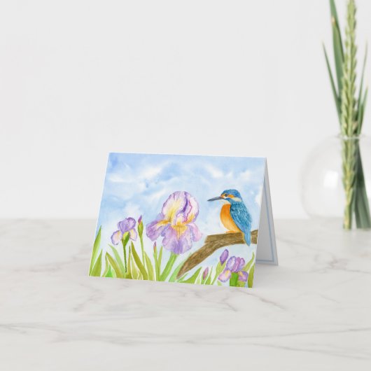 Watercolor Kingfisher with Purple Irises  Notitiekaartje (Voorkant)