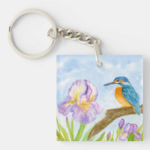 Watercolor Kingfisher with Purple Irises