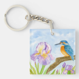 Watercolor Kingfisher with Purple Irises Sleutelhanger