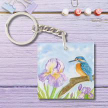 Watercolor Kingfisher with Purple Irises