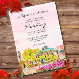 Watercolor Kiosk met Bloemen Oude Mexicaanse Bruil Kaart