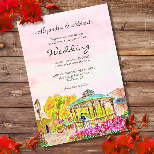 Watercolor Kiosk met Bloemen Oude Mexicaanse Bruil Kaart
