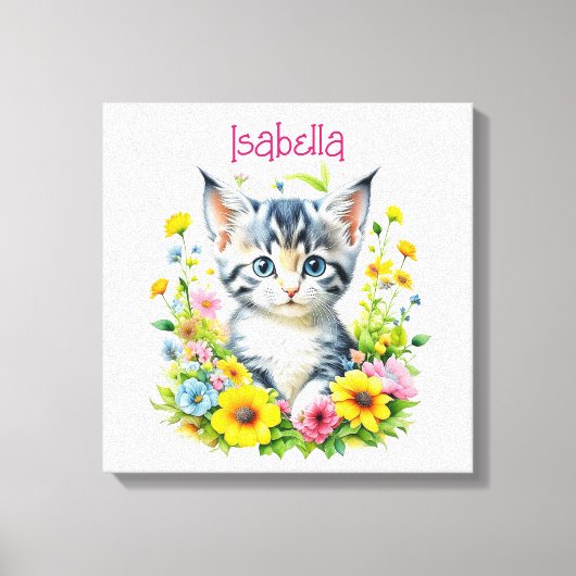 Watercolor Kitten Bloemen Gepersonaliseerd Canvas Afdruk (Voorkant)