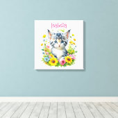 Watercolor Kitten Bloemen Gepersonaliseerd Canvas Afdruk (Insitu (Houten vloer))